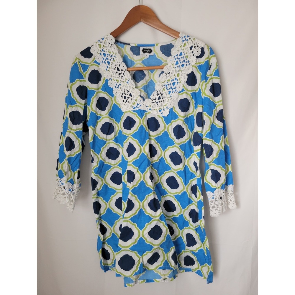 Mudpie Tunic Top L 12-14 Blue Green White Geometric Crochet Trim 3/4 Sleeve